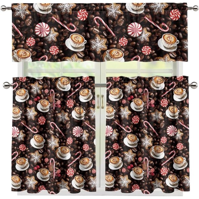 Coffee and Cane Candy Kitchen Curtain Valance and Tiers Set of 3 Coffee Theme Farmhouse 24 Inch Length Tier Curtains Kitchen Decor Blackout Drape Window Curtain,Size M