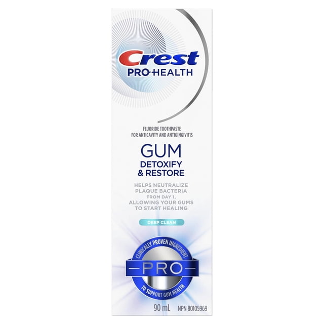 Crest Pro-Health Gum Detoxify and Restore Toothpaste 90 mL box with white and blue design, featuring fluoride toothpaste for anticavity and antigingivitis, deep clean formula that neutralizes plaque bacteria from day one to support gum healing and restore gum health.