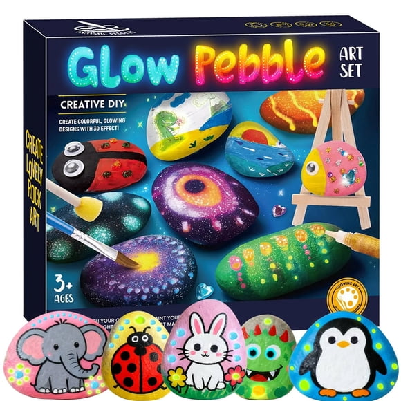 Glow in The Dark Rock Painting Kit, 10ml DIY Craft Set for Kids Ages 6-12, Complete Art Supplies with Luminous Pigments Stickers Eyes Glitter Glue
