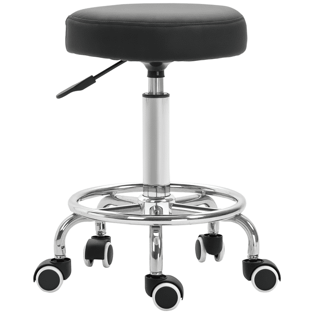 Adjustable Swivel Salon Stool Hydraulic Rolling Tattoo Chair in black with a round PU leather seat, supported by a chrome steel base with a footrest and five smooth-rolling casters. Features a gas lift for height adjustment and a 360° swivel for mobility, ideal for salons, tattoo parlors, and offices.