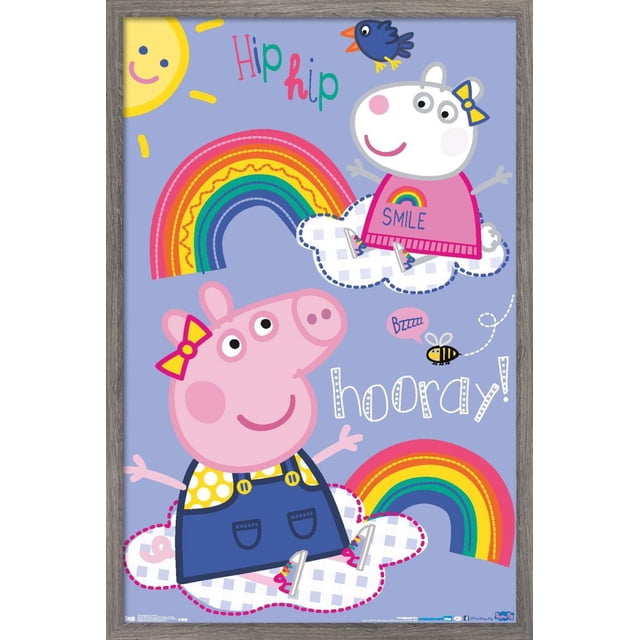Peppa Pig - Hooray Wall Poster, 22.375" x 34" depicting Peppa Pig and Suzy Sheep sitting on white checkered clouds with rainbows, a smiling sun, a blue bird, and a buzzing bee on a light purple background, featuring 'Hip hip hooray!' text, suitable for children's room or party decoration.