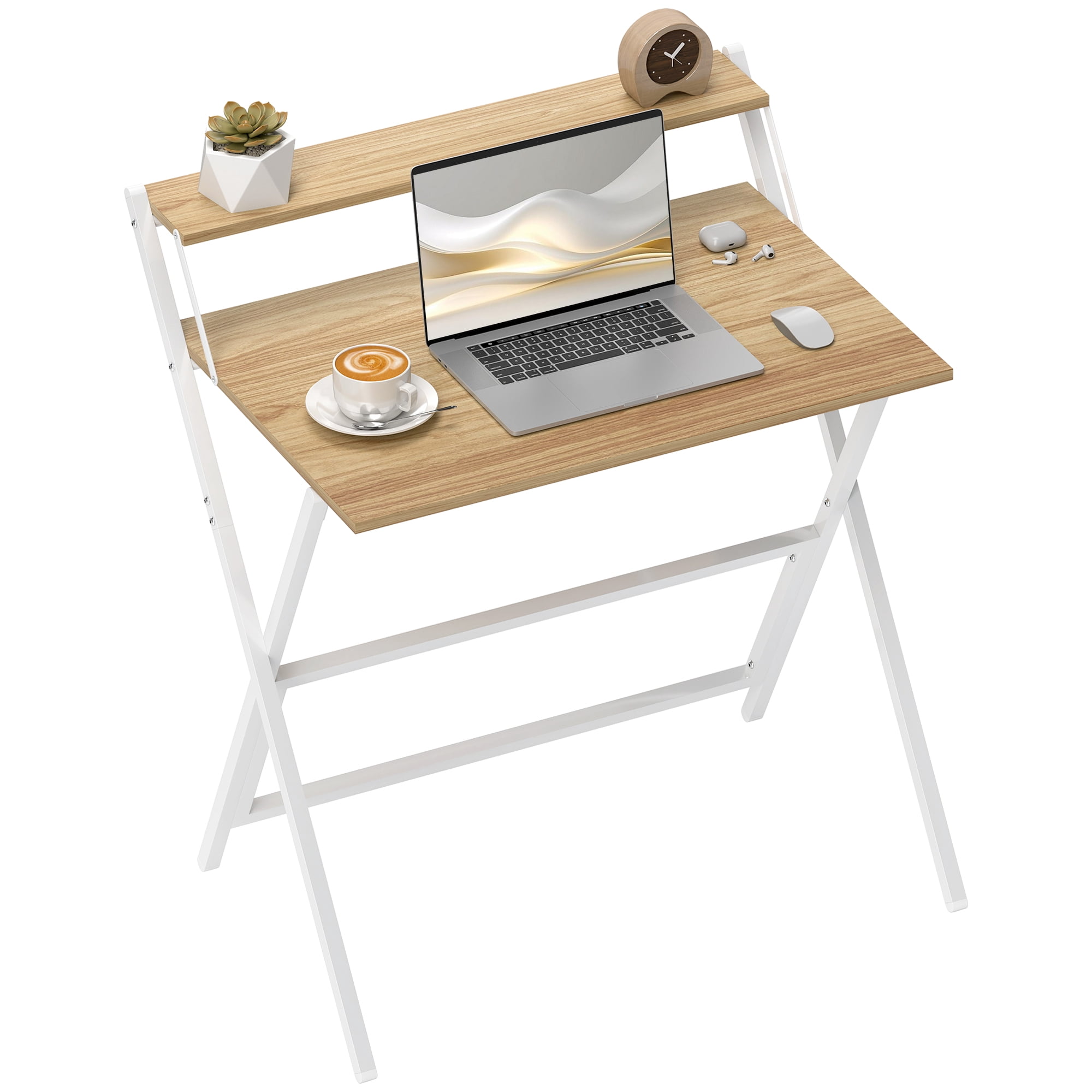 HOMCOM Foldable Computer Desk with Monitor Shelf, Natural Wood
