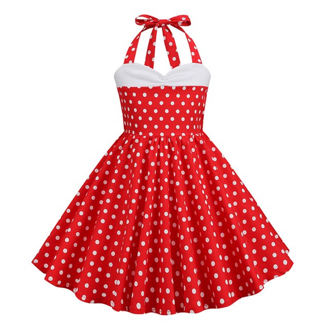 Plebaso Robes pour Filles Vintage Col Suspendu Taille à Pois Imprimé Robe Princesse Vêtements de Mode pour Filles