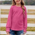 thumbnail image 2 of MeetoTime 4-16 Years Girls Long Sleeve Hollow Out Shirts Kids Solid Color Crewneck Ruffled Cuffs Blouse, 2 of 7