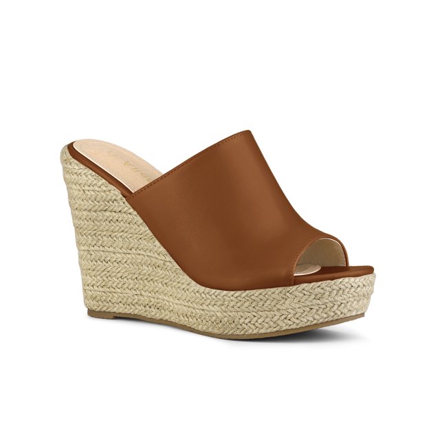BLISSFUL STEP Chaussures pour Femmes Talon Compensé Bout Ouvert Espadrilles à Plateforme Mules Brun 7