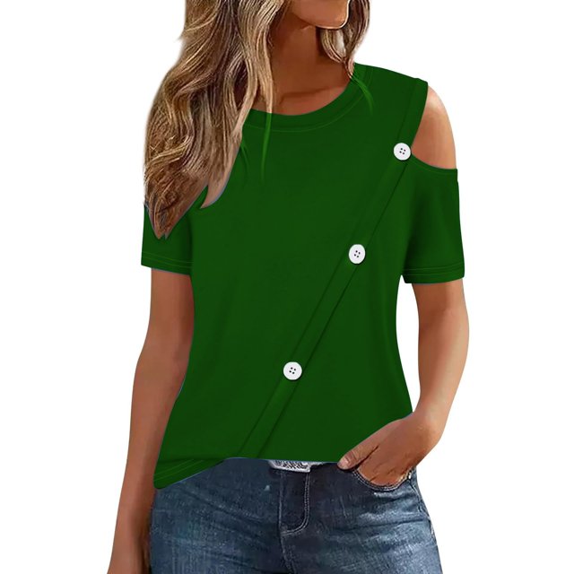 Timegard Cold Shoulder Tops for Women Round Neck Button Short Sleeve Summer Casual Tunic Top Blouse