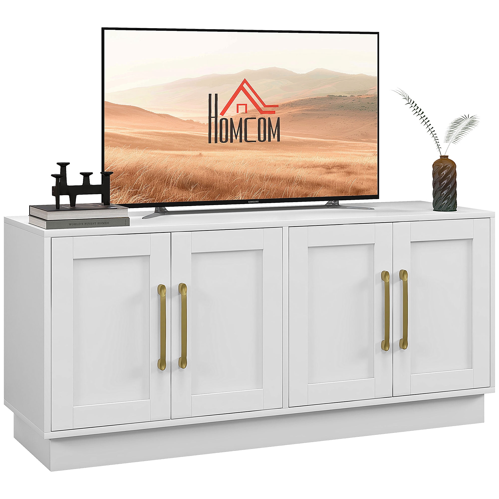 HOMCOM Meuble TV Moderne pour Téléviseurs jusqu'à 55 po avec 4 Portes à Charnières Souples Blanc