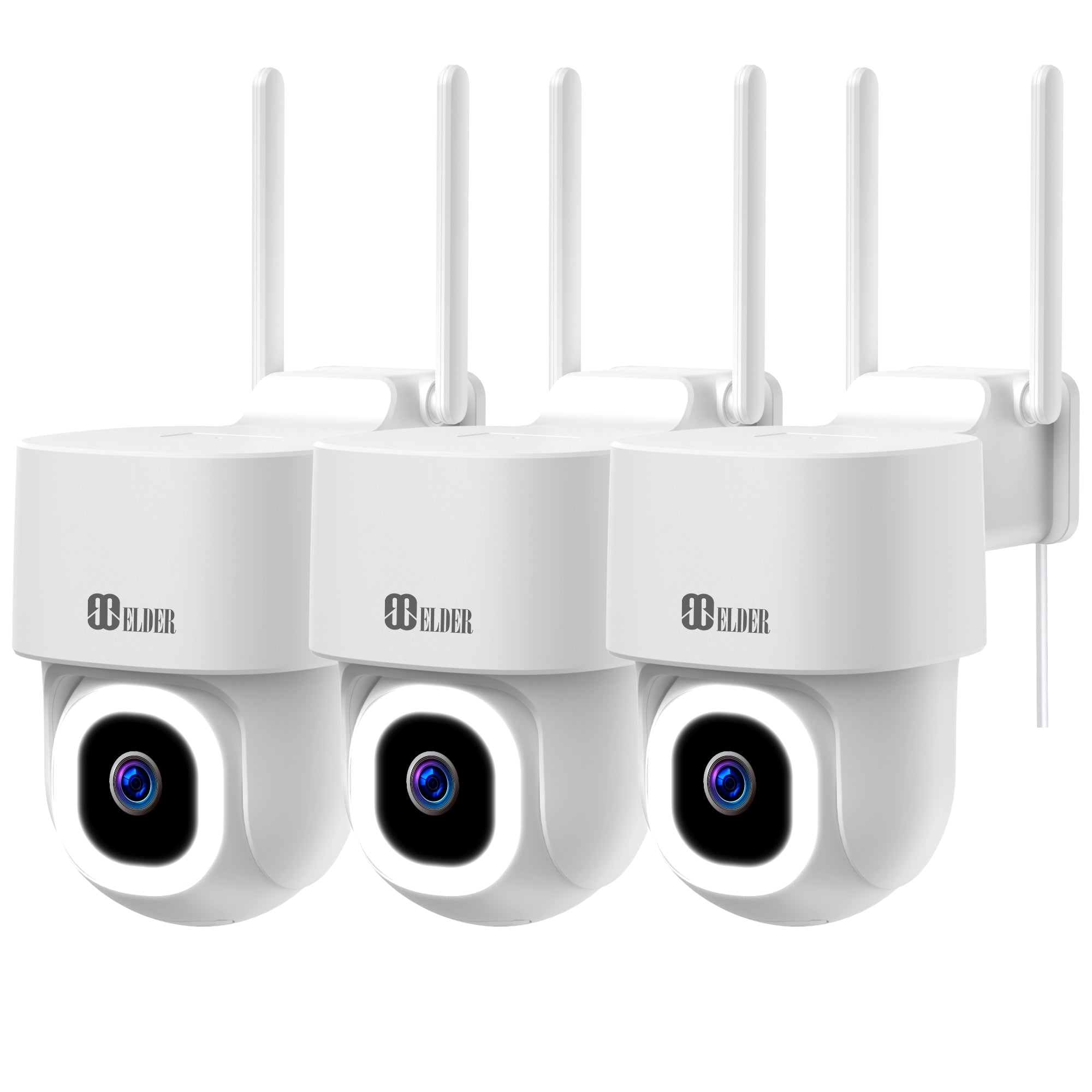 Elder 4K Security Camera PTZ WiFi Outdoor x3 Pack 64GB Semi Wireless, AI-Powered Detection DIY Smart Home, Spotlight Deterrence & Color Night Vision, Works with Hey Google & Alexa