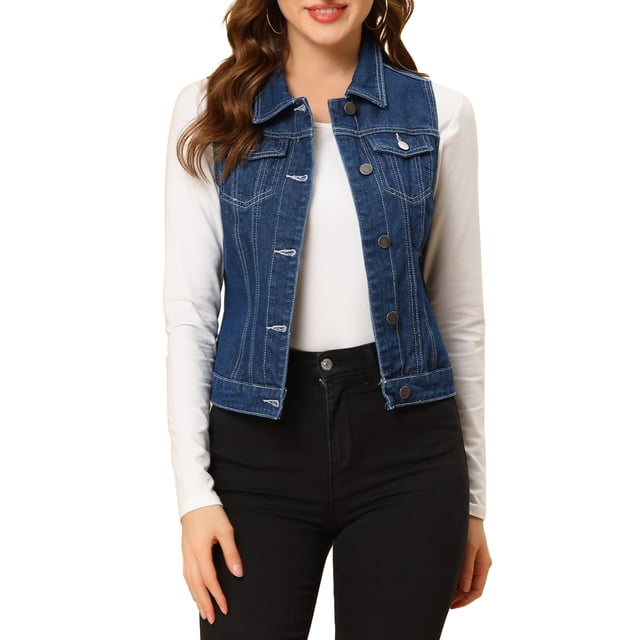 INSPIRE CHIC Women's Washed Denim Button Sleeveless Vest Jacket with Pockets XS Dark Blue-1