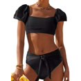 thumbnail image 1 of Womens Cute Solid Bubble Sleeves High Waisted Two Piece Bikini Swimsuit,Black,L, 1 of 5