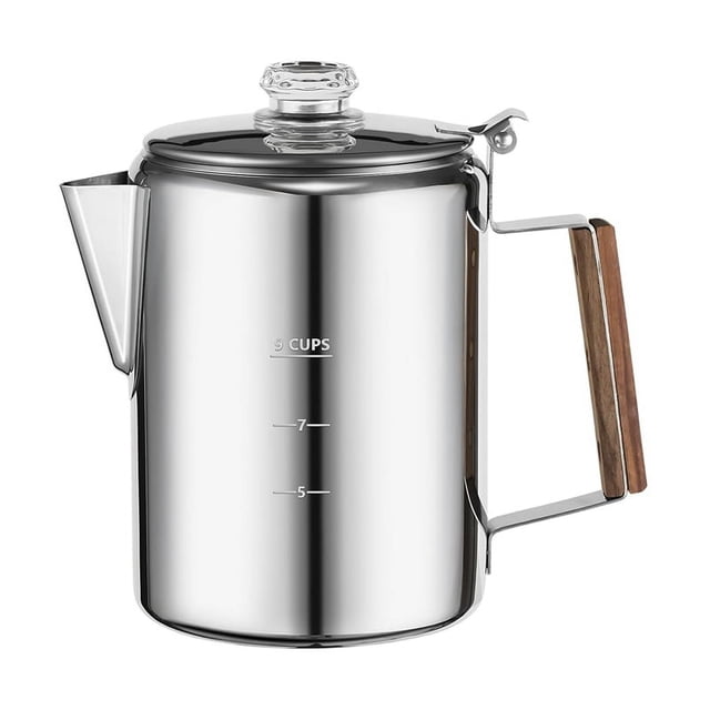Coffee Percolators Stovetop for Camping, a 9-cup stainless steel coffee maker with a polished silver finish. Features a heat-resistant hardwood handle for comfortable pouring and a clear glass knob on the lid for monitoring brewing. Marked with cup measurements on the side for convenience. Suitable for use on campfires, stoves, induction cooktops, and grills, making it ideal for camping or home use.