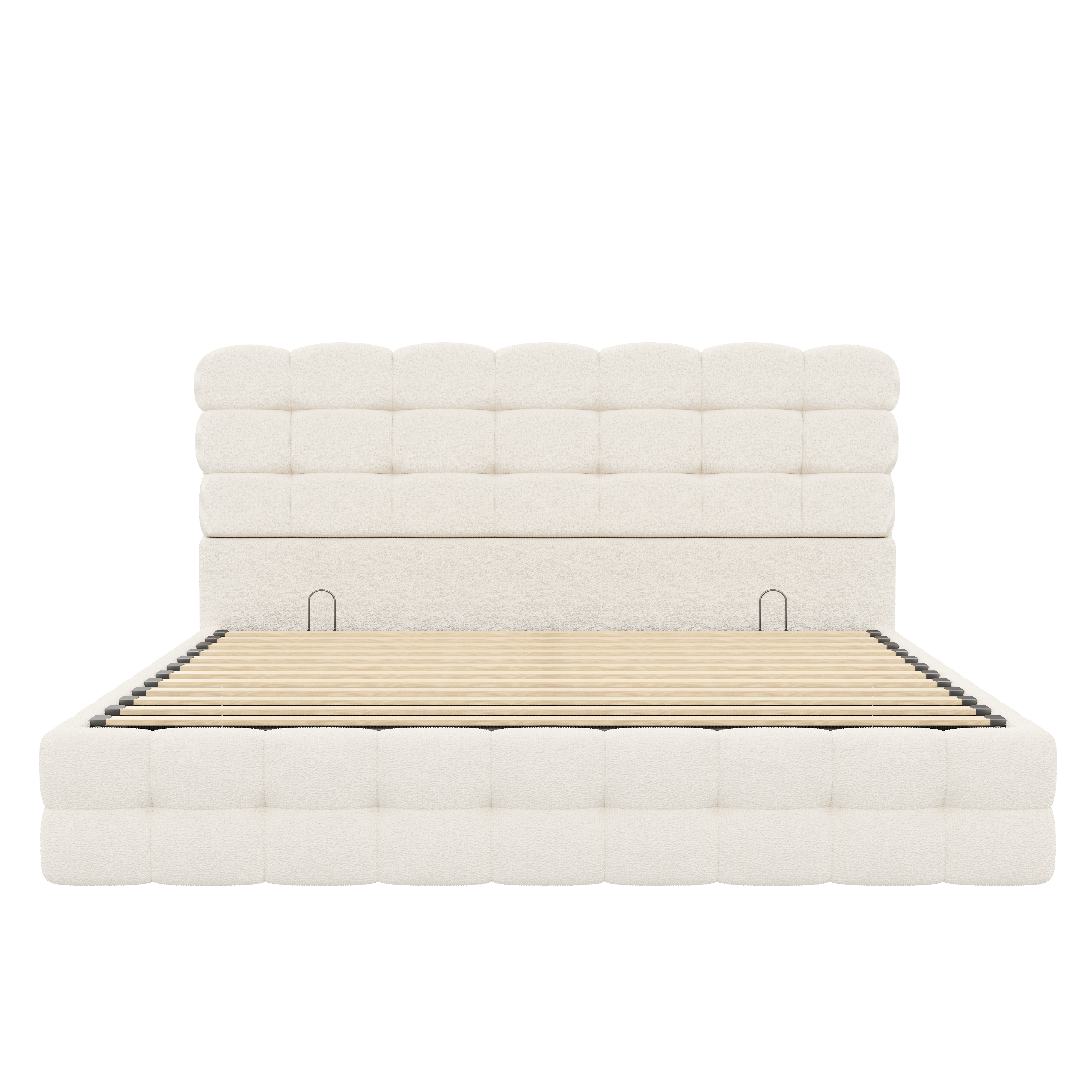 Noble House Cadre de Lit Grand avec Rangement avec Levage et Rangement Hydraulique, Lit Plateforme en Bouclé avec Tête de Lit Capitonnée et Lattes de Bois, Blanc Crème