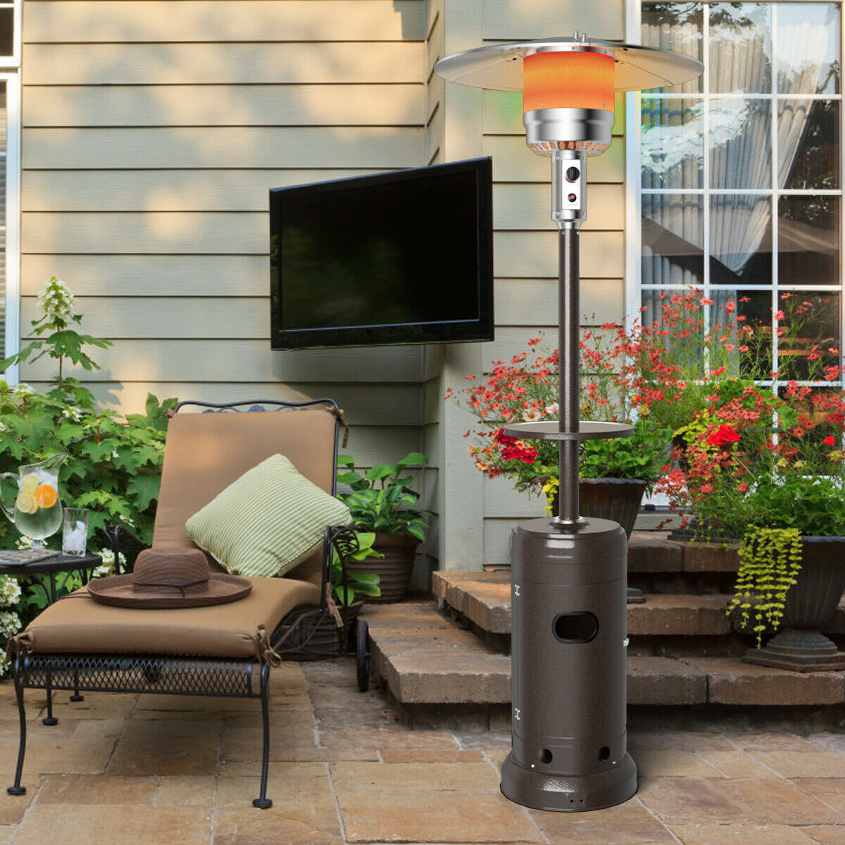 Gymax Chauffage de Patio Extérieur au Propane Debout en Acier au Gaz LP avec Table et Roues Bronze