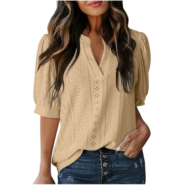 Liquidation d'Économies! Hauts pour Femmes Grande Taille, Blouse d'Été à Manches Courtes pour Femmes, Blouse Décontractée à Manches Courtes Unie pour Femme à Col en V