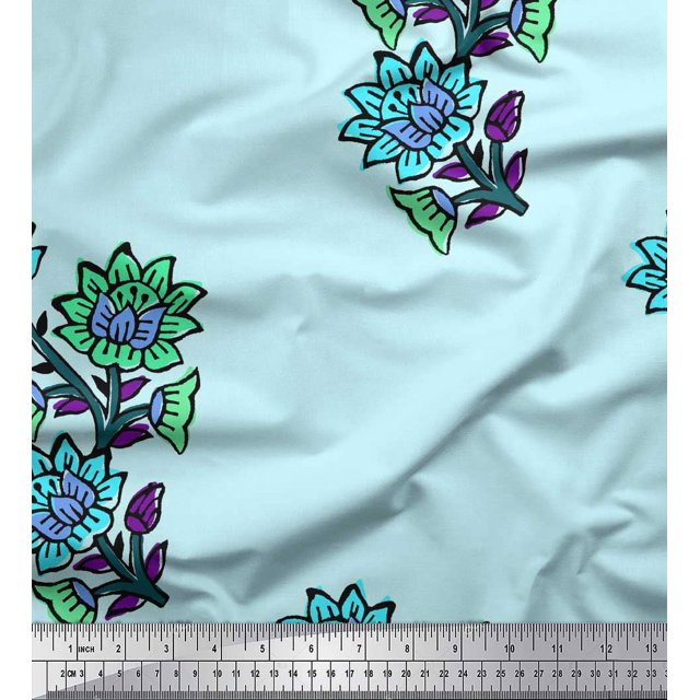 Soimoi Polyester Crepe Fabric Leaves & Floral Block Decor Fabric Printed Yard 52 Inch Wide