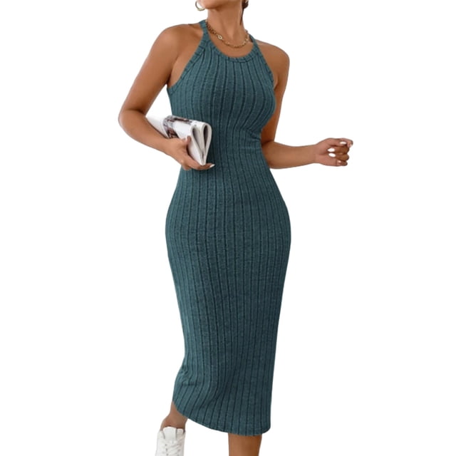 Oksale Robes Moulantes pour Femmes Sans Manches Côtelées Robe Maxi Ajustée Douce Extensible Confortable Col Ras du Cou Dos Nu Robes d'Été pour Fête de Vacances Bleu Foncé L