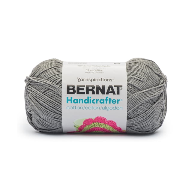 Bernat® Handicrafter® Fil, Coton #4 Moyen en Gris, 14oz/400g avec 710 Verges, un Écheveau Bien Enroulé de Fil de Coton 100 % Cultivé aux É.-U. avec une Étiquette Blanche Montrant le logo Bernat et des Informations sur le Produit, Idéal pour le Tricot et le crochet, la Déco Maison et les Projets de Cuisine, Convient Aussi aux Jouets d'Artisanat et aux afghans.