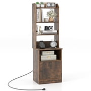 Giantex Nightstand w/Charging Station, Tall Bedside Table, End Table Bookcase w/Adjustable Shelves, Brown