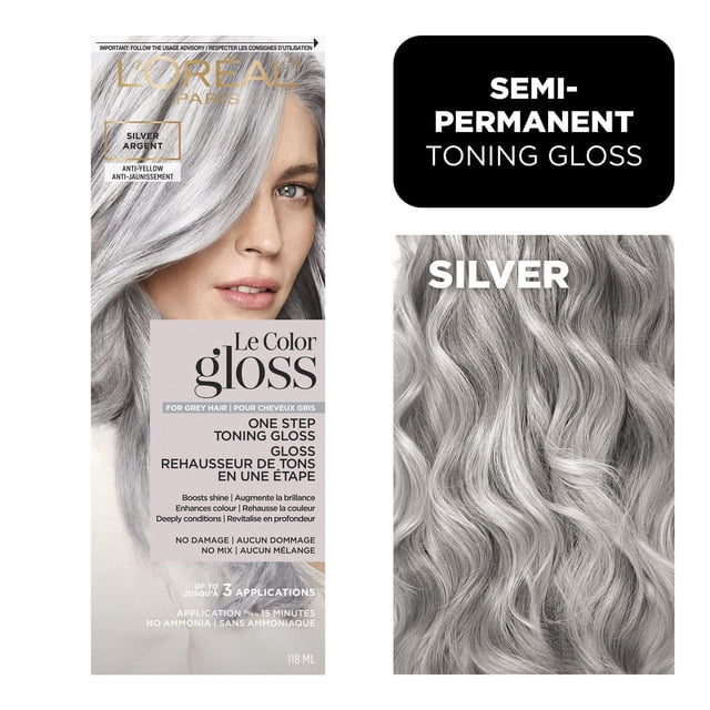 L'Oréal Paris Le Color Gloss Brillant à Cheveux en une Étape Argent, Gloss semi-permanent Tonifiant pour Cheveux Gris, Rehausse la Brillance, Rehausse la Couleur, Revitalise en Profondeur Sans Ammoniaque Ni Dommages, Montré avec Texte d'Emballage et Gros Plan de Cheveux Argentés Ondulés, Convient jusqu'à 3 applications en 15 minutes.