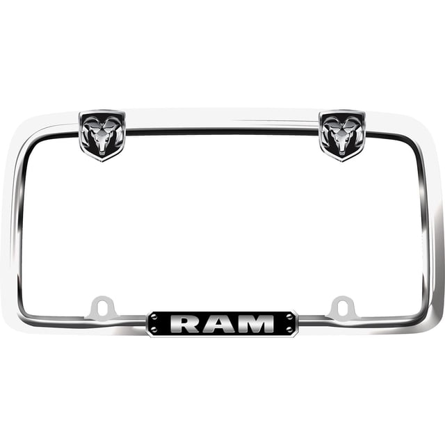 Cruiser Accessories Ram Cadre de Plaque d'Immatriculation en chrome et Noir, Métal Moulé sous Pression en zinc avec Placage Chromé Lourd et Polissage à la Main, Doté de Deux Capuchons de Fixation Pivotants avec logo Ram et d'Une Plaque Nominative Ram Noire, Convient aux Plaques standard de 6 par 12 Pouces Sans Bloquer les Détails d'Enregistrement, Convient Aussi aux Plaques Fantaisie.