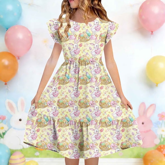 EGNMCR Robe à Manches Courtes à Col Rond Robe d'Été pour Enfants Imprimée à Manches Plissées à Double Couche pour Enfants de 5 à 14 Ans Robe