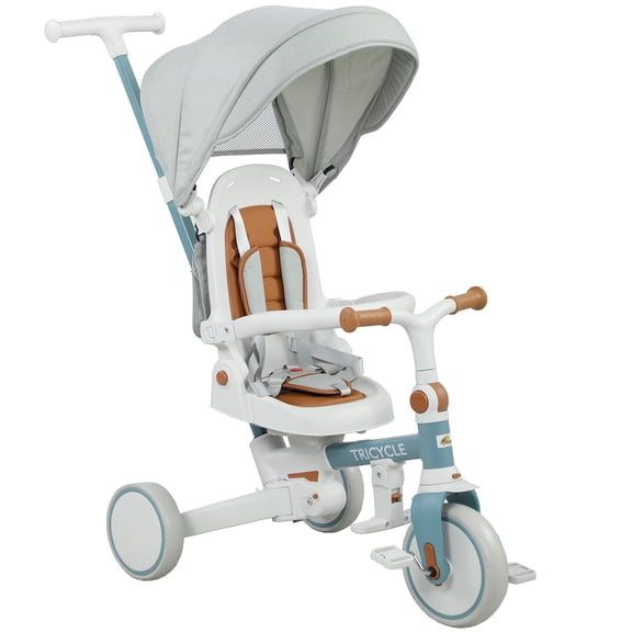 Qaba Tricycle 7 en 1 pour Tout-Petit avec Guidon Parental Ajustable, Bleu