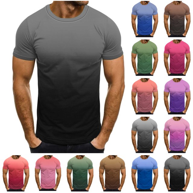 QATAINLAV Mens Short Sleeve Shirts Casual Gradient Color Loose Pullover Summer Fashion Workout Muscle Fit Tshirt Basic Tee Tops Gold S Lightning Prime Sales