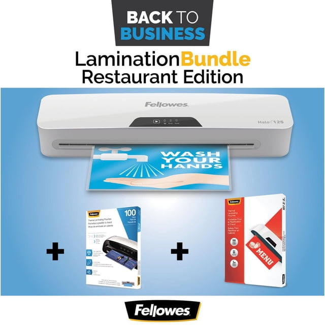 Fellowes® Restaurant Edition Lamination Value Bundle with grey Halo 125 laminator laminating a blue 'Wash Your Hands' sign, including 100 letter-size 3 mil and 100 menu-size 5 mil thermal laminating pouches, suitable for home or office document lamination.