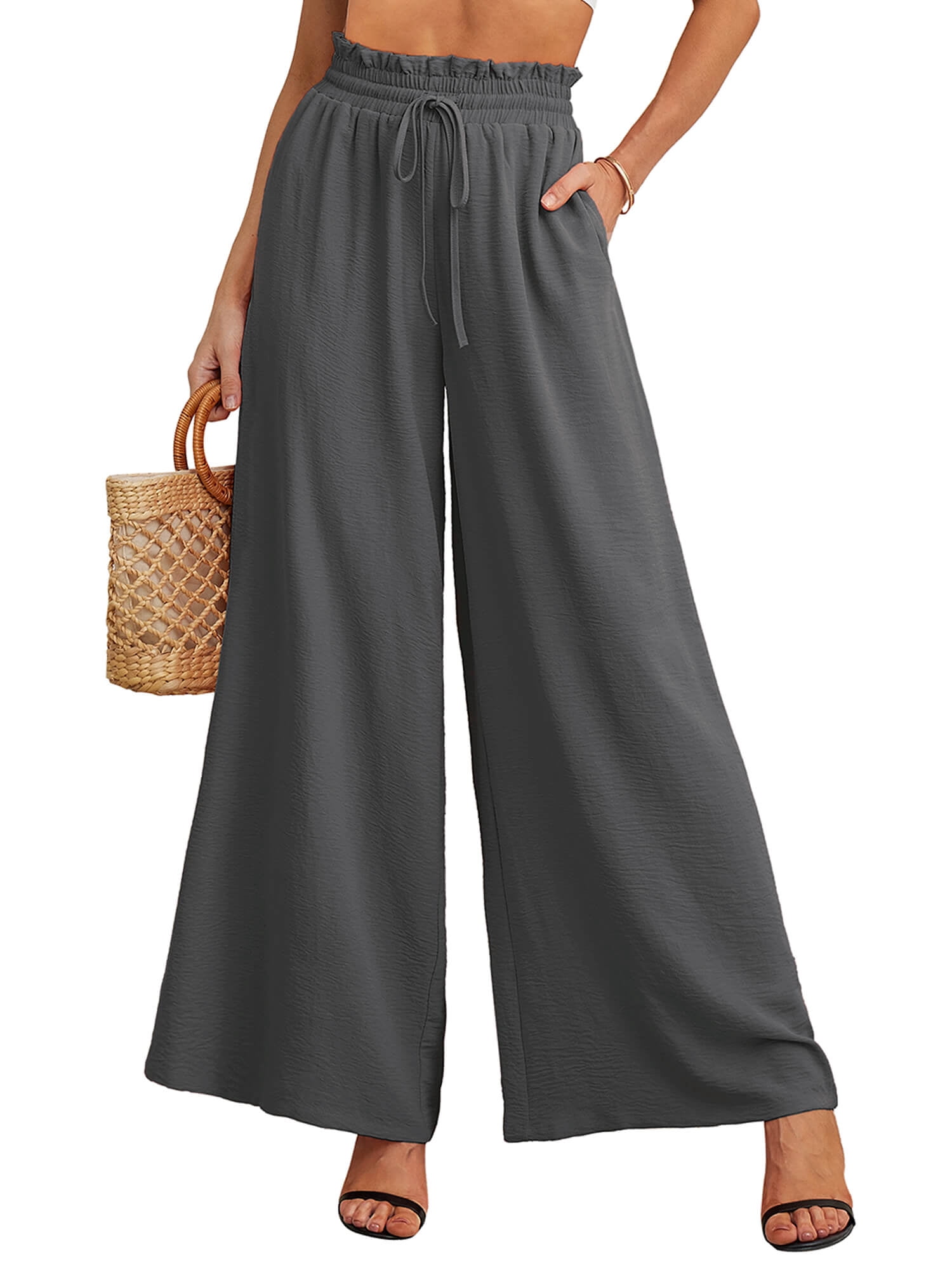 Showmall Women's Wide Leg Palazzo Pants, High Waist Drawstring, Gray, XL