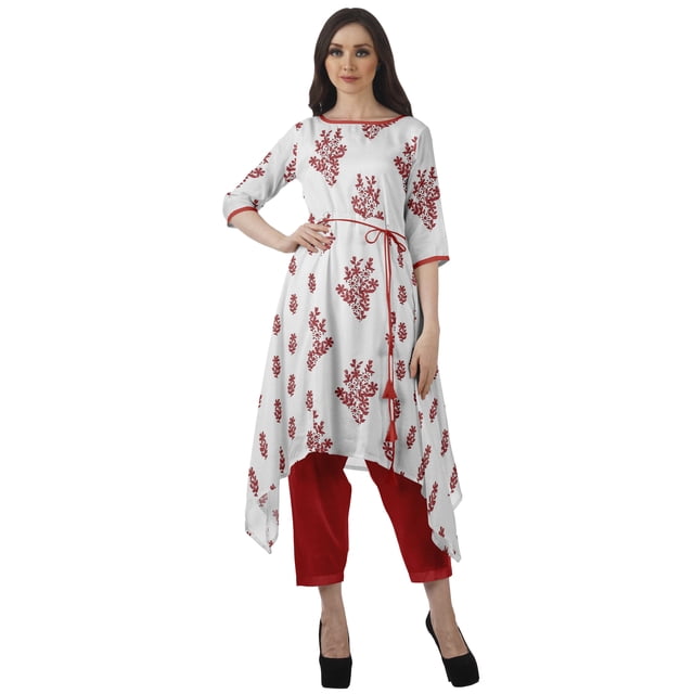 Moomaya Printed Traditional Clothing Womens Asymmetric Kurti Kurta With Pant Set