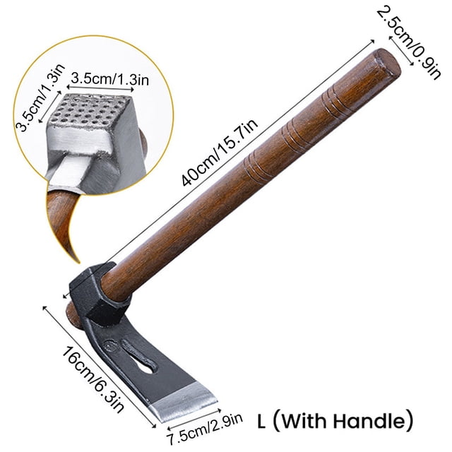 Pickaxe for Digging Small Hoe Ice Adze Adze Planer Adze Tool Digging Pickaxe Fishing Digging Shoots Farming Tools Outdoor Hoe Ice Fishing Lights. The image shows the large size (L) version with a wooden handle, measuring 40 cm (15.7 in) in length. The manganese steel blade is 16 cm (6.3 in) long and 7.5 cm (2.9 in) wide, with a textured hammering surface on the back. Designed for gardening, farming, and light construction tasks, this tool combines durability and functionality.
