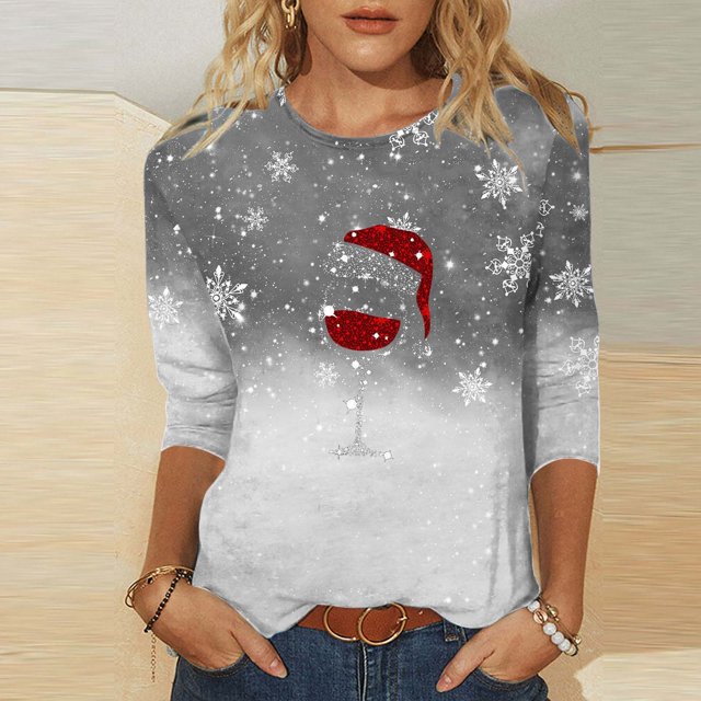 Meichang Hauts à Manches 3/4 pour Femmes T-Shirts Classiques de Noël avec Verre de Vin Graphique Coupe Ample Col Ras du Cou Hauts Décontractés Cadeaux pour Femmes pour Noël