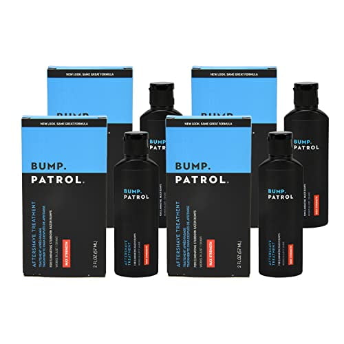 Bump Patrol Formule après-Rasage à Force Maximale, un Lot de 4 Bouteilles de 2 Onces, Conçue pour Éliminer les Bosses de Rasoir et les Poils Incarnés. l'Image Montre Quatre Bouteilles Noires avec Emballage Bleu et Noir, Étiqueté comme Traitement après-Rasage. Convient aux Hommes et aux Femmes, Ce Produit Est Efficace pour Tous les types de Peau et Tous les Tons.