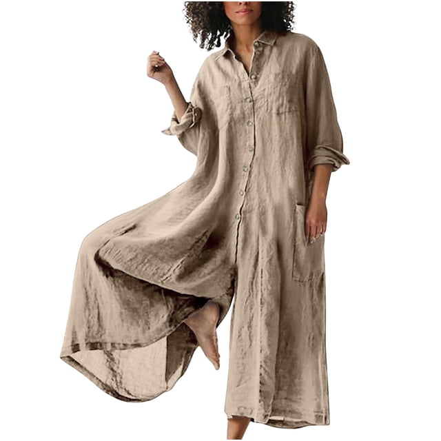 RKSTN Jumpsuits for Women Summer Casual Solid Color Cotton Linen Long Playsuit Zipper Short Sleeve Rompers