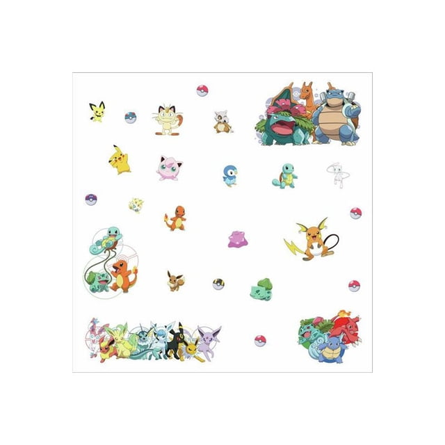 POKEMON Ensemble de Décalcomanies Préférées avec 25 Décalcomanies Murales Pelables et Adhésives Mettant en Vedette des Personnages POKEMON Populaires, Y Compris Pikachu, Charmander, Bulbasaur, Squirtle, Jigglypuff, Meowth et Pokeballs, Conçu pour une application Facile et un Repositionnement sur des surfaces Lisses dans les Chambres Ou les Salles de Jeux.