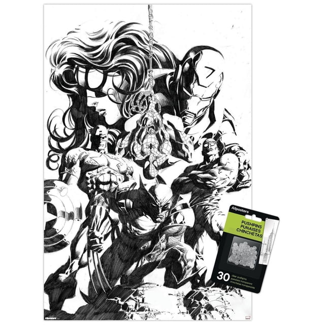 Marvel Sketch - Group Wall Poster, 14.725" x 22.375" framed, featuring a black and white pencil sketch of Marvel superheroes including Wolverine crouched in front, Spider-Man hanging from a web in the center, Iron Man behind, and other characters with detailed shading, suitable for wall art décor and easy hanging with a sawtooth hanger.
