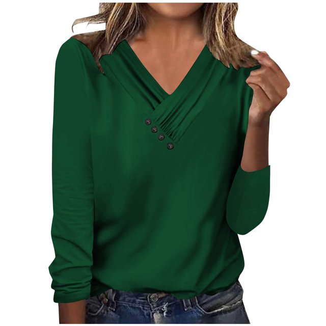 Timegard Womens Tops V-Neck Ruched Button Long Sleeve Solid Color Comfy Tee Dressy Casual Tunic Top