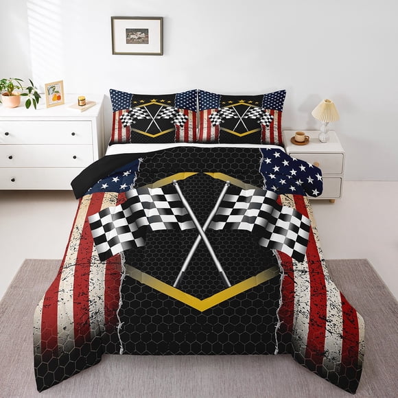 Erosebridal Usa Flag Comforter Sets,Racing Flags Comforters & Duvets,Geometric Honeycomb Bedding Comforter Set,Lightweight Vintage Room Decorative,Reversible,2pcs