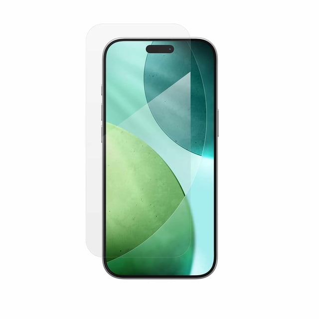ZAGG InvisibleShield Protecteur d'Écran en Verre XTR5 pour iPhone Air Montré comme une Superposition en Verre Trempé Transparent sur un iPhone avec des Formes Circulaires Abstraites Vertes et Bleues, Doté d'Une Technologie Antireflet et d'Une filtration de Lumière Bleue pour une Clarté d'Écran Accrue et un Confort Oculaire Accru.
