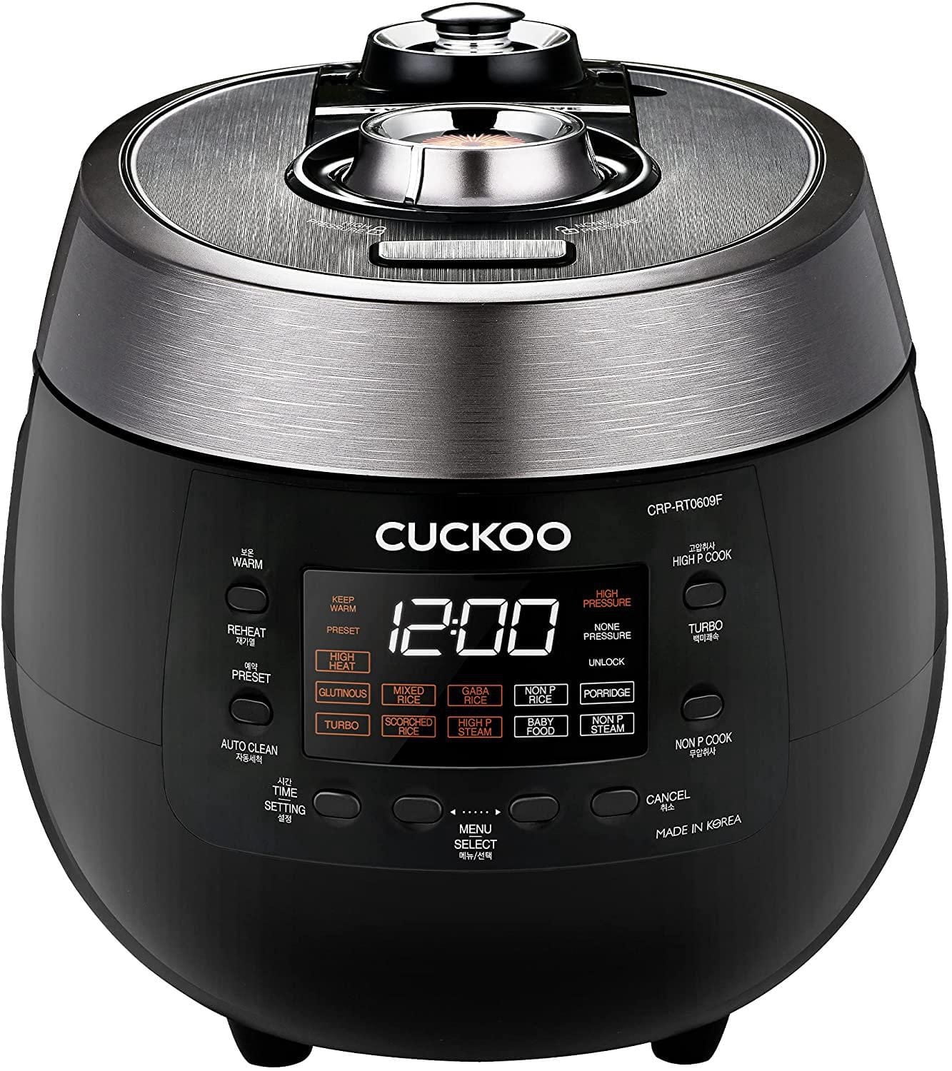 Cuckoo 6-Cup Twin Pressure Rice Cooker with Steam Tray, 14 Modes: White Rice, GABA Rice, Steam, Porridge, Scorched Rice & More, CRP-RT0609FB, Black