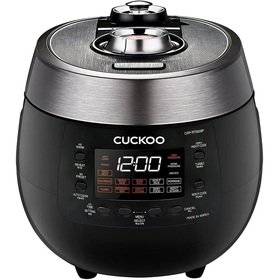 Autocuiseur à riz double pression Cuckoo 6 tasses avec bac vapeur, 14 modes : riz blanc, riz GABA, vapeur, porridge, riz grillé et plus encore, CRP-RT0609FB, noir