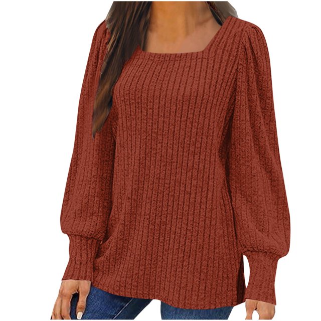 Meichang Cyber and Monday Deals, Puff Long Sleeve Shirts for Women Plus Size Square Neck Ribbed Knit Tops Solid Loose Fit Side Slit Hem Blouses Spring Trendy Women Tunic Tops