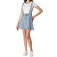 thumbnail image 1 of Unique Bargains Jupe à Bretelles Mini Décontractée pour Femme en Coton Lavé, Boutonnée devant, Ligne a, Bleu m, 1 of 7