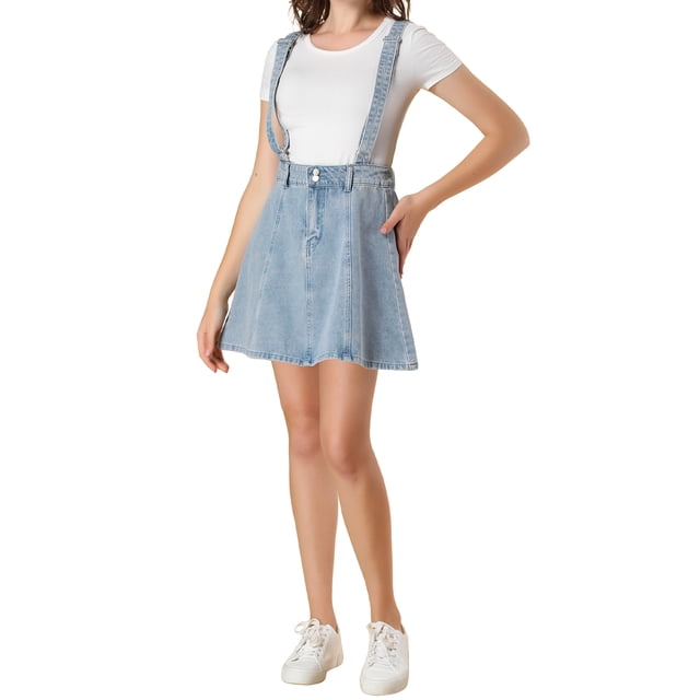 Unique Bargains Jupe à Bretelles Mini Décontractée pour Femme en Coton Lavé, Boutonnée devant, Ligne a, Bleu m