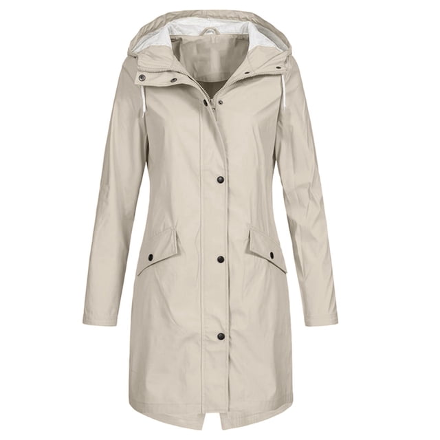 Women's Rain Jacket Womens Solid Color Rain Jacket Outdoor Hoodie Windproof Long Coat