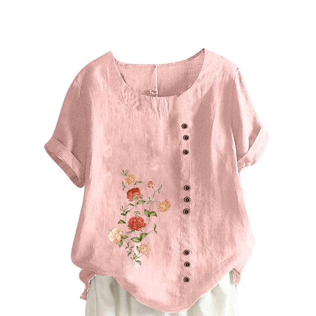 Pompotops Femmes Été Oversize Casual Col Rond à Manches Courtes Impression de Fleurs Lâches Shirt Tops