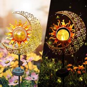 Garden Solar Lights Outdoor Decor Sun & Moon Metal Stake Light Waterproof Landscape Lighting for Pathway Lawn Patio Yard