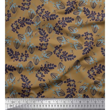Soimoi Brown Satin Silk Fabric Artistic Leaves Print Fabric by the Yard 42 Inch Wide