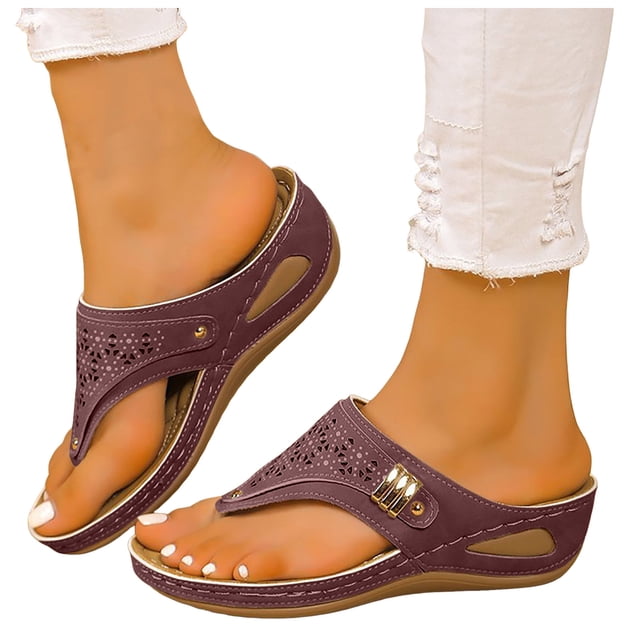 Orthopedic Wedge Slides Sandals for Women Wide Width Comfortable Leather Arch Support Walking Flip Flops