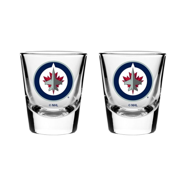 The Sports Vault Ensemble de 2 Verres à Shooter Jets de Winnipeg avec Deux Verres à Shooter Transparents de 2 Oz Chacun Mettant en Vedette le logo de l'Équipe Jets de Winnipeg LNH en Rouge, Gris et Bleu Marine, Va au Lave-Vaisselle et Idéal comme Vaisselle de Bar pour Amateurs de Sports Ou comme Cadeaux Uniques.